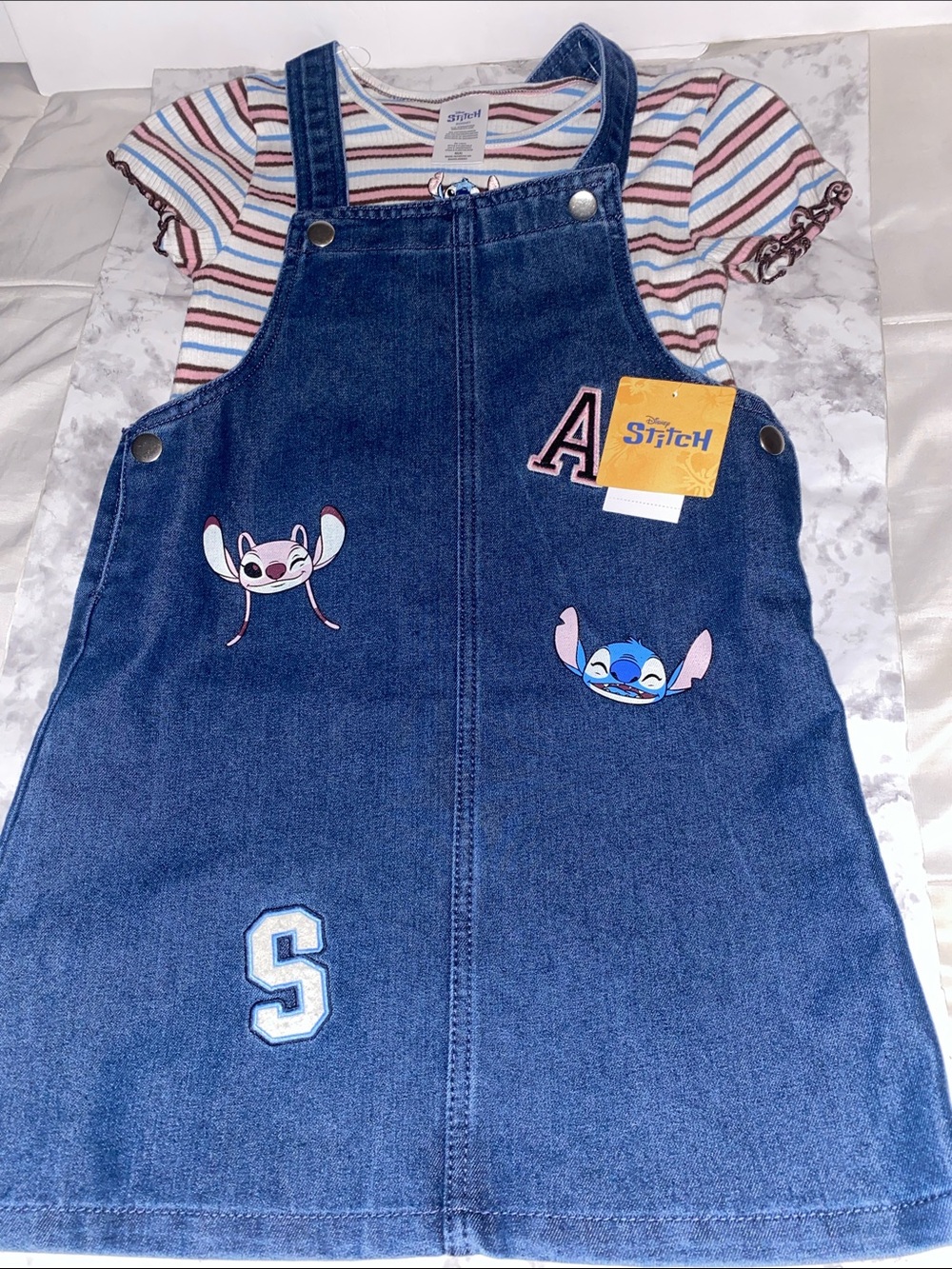 Disney Denim Stitch Overall Dress with Patch Accents - Blue